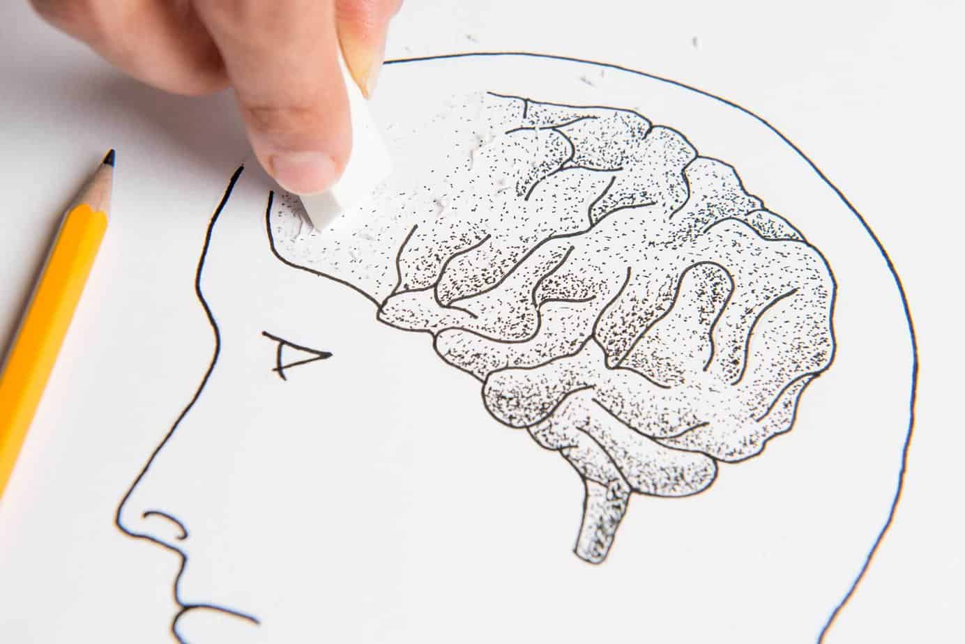 sketch of human brain with part of the brain being erased