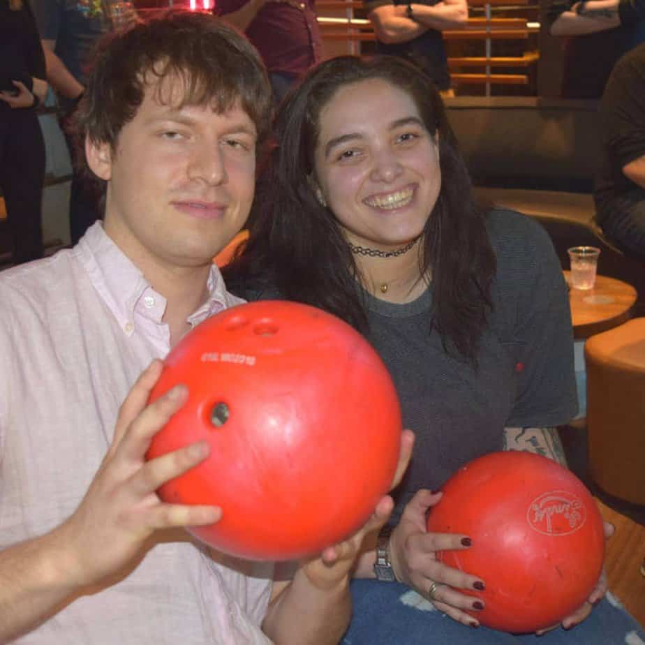 Man and woman smiling at Mountainside Treatment Center Alumni Bowling Event at Frames in New York City in March 2019