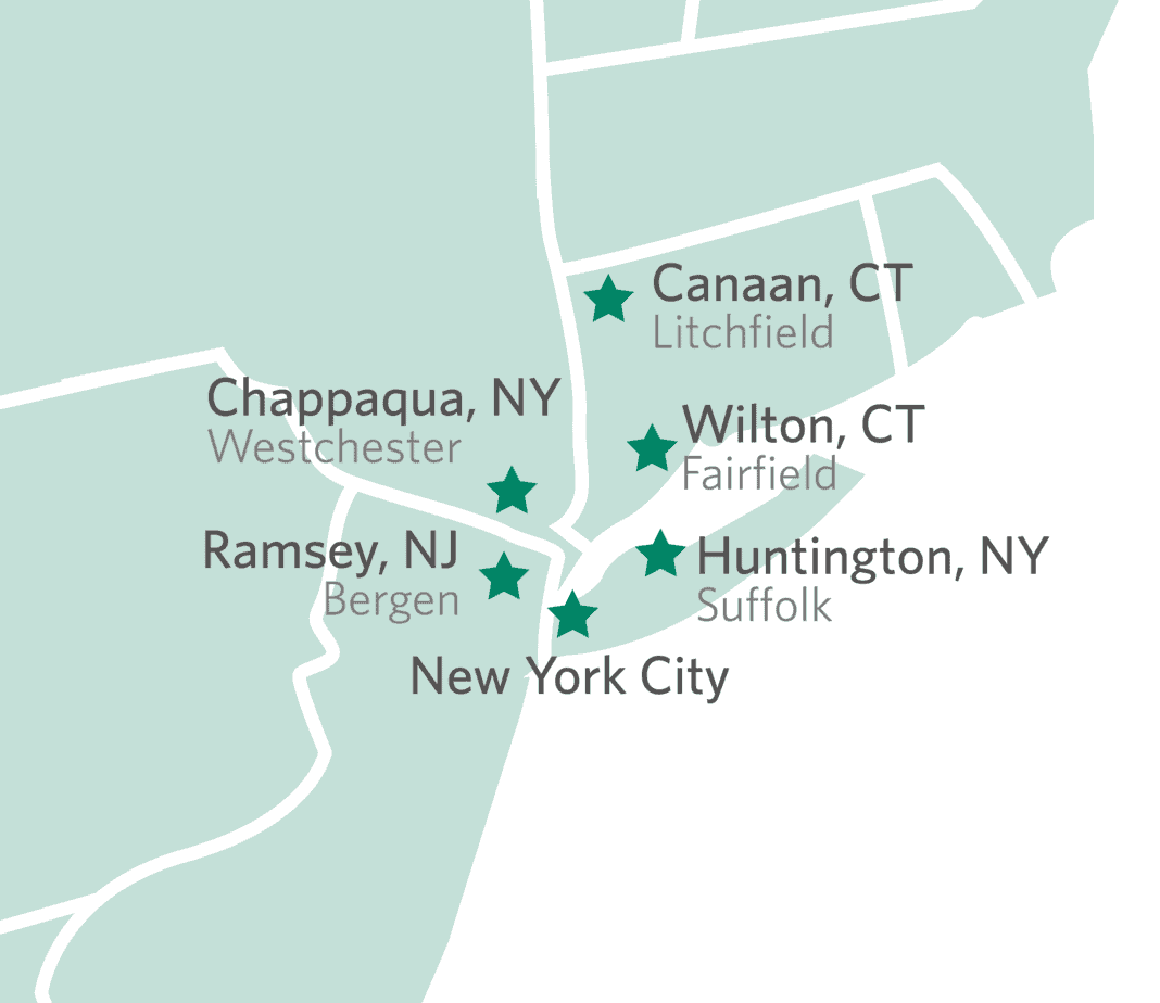 Map of the northeast with stars marking Mountainside Treatment Center's outpatient locations