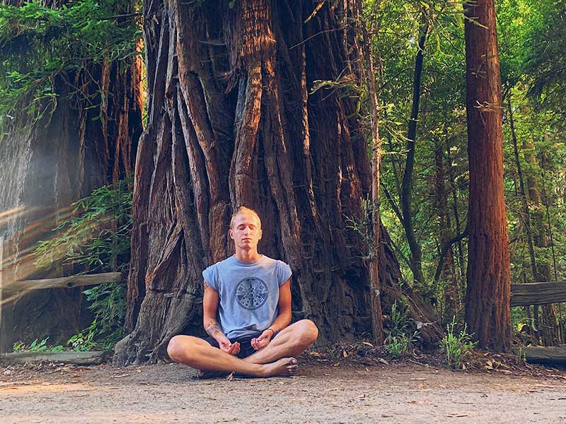 man meditating in front of large tree