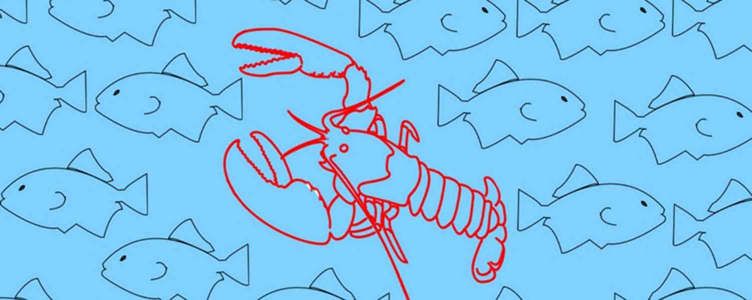 depiction of a red lobster swimming through a sea of blue fish
