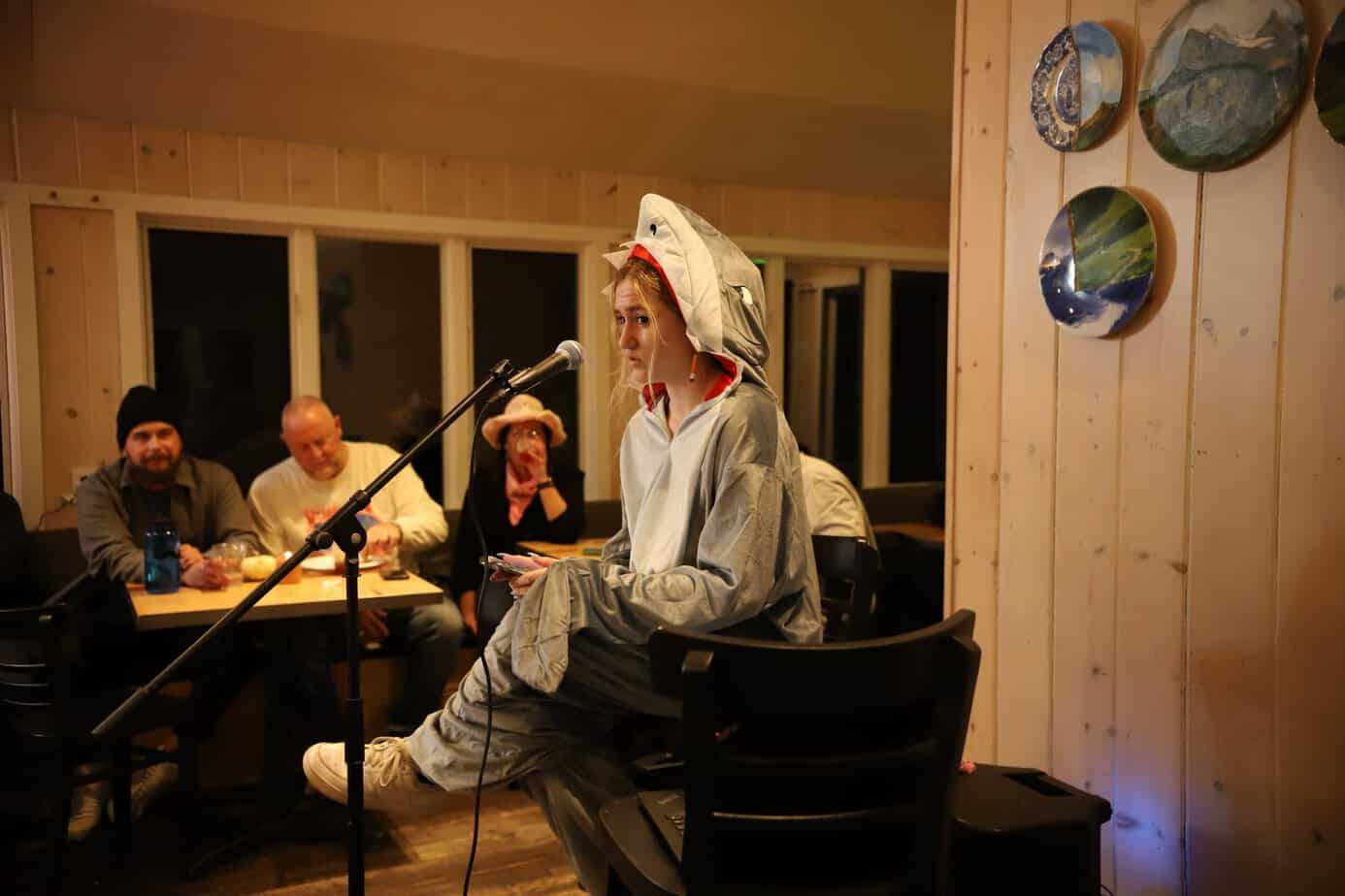 mountainside alumni Halloween 2023 photo of performer in shark costume.